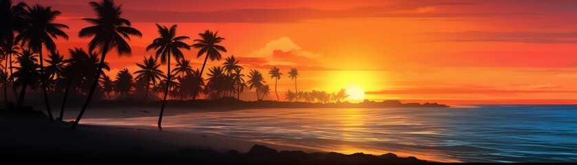 Stunning tropical beach sunset with palm trees silhouetted against a vibrant orange and pink sky, reflecting over calm ocean waves.