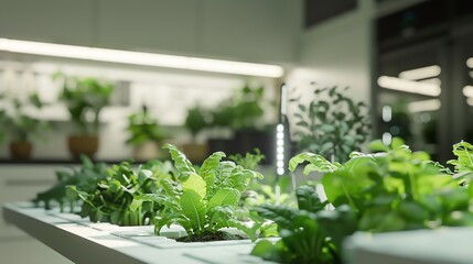 Hydroponic setup in small urban apartment, leafy greens growing under bright LED lights, minimalist decor, cool white light, closeup shot, innovative and sleek