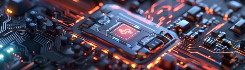 Illustration of a secure login screen with key and password input fields on an electronic mainboard with AI symbol, symbolizing AIdriven authentication mechanisms