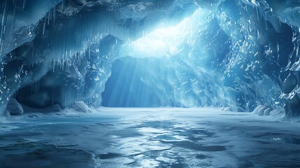 Ice cave interior, cool blue light, wide angle, ethereal and magical, smooth ice textures, shimmering walls