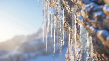 Icicles hanging from a cliff, clear sky backdrop, medium shot, sharp focus, glistening with...