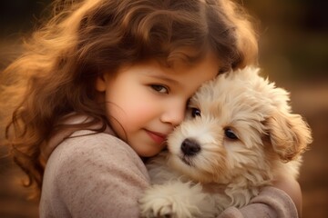 A young girl with long curly hair lovingly hugs her fluffy white puppy outdoors, both exuding warmth and tenderness.