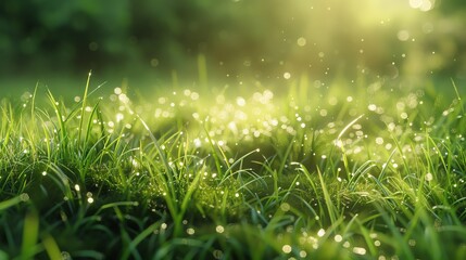 Fototapeta premium Lush green grass with scattered patches of vibrant moss, early morning sunlight, soft focus, macro shot, dewy and fresh