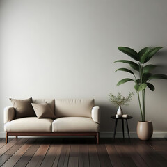 sfondo di interno con divano mid-century re pianta su pavimento in legno scuro e parete bianca vuota per inserimento testo o presentazione arte, prodotto pubblicitario