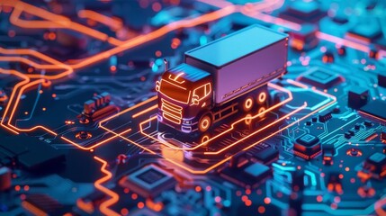 Obraz premium Illustration of an electric truck symbol integrated into an electronic mainboard design with AI symbol, symbolizing AIdriven advancements in commercial transportation
