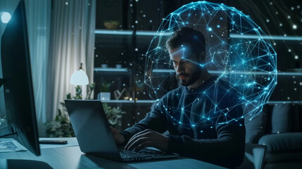 Man Typing Keyboard Laptop Hand. Project Manager Researching Process. Business Team Working Start-u modern Office. Global Strategy Virtual Icon. Innovation Graphs Interfaces .Analyse market stock