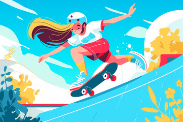 illustration of a girl skateboarding in the park with copy space