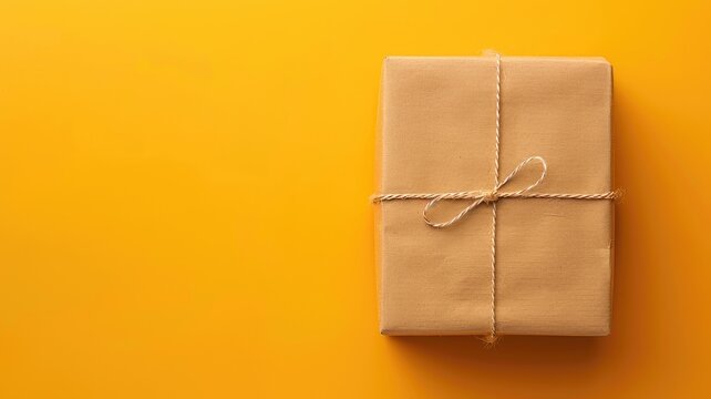 Brown wrapped gift with string on yellow background