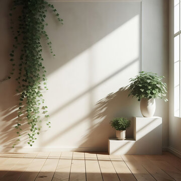 sfondo bianco di interno con luce proveniente da una finestra su parete vuota e pavimento in legno, piante di edera cadente e in vaso bianco con spazio vuoto per presentazione prodotto