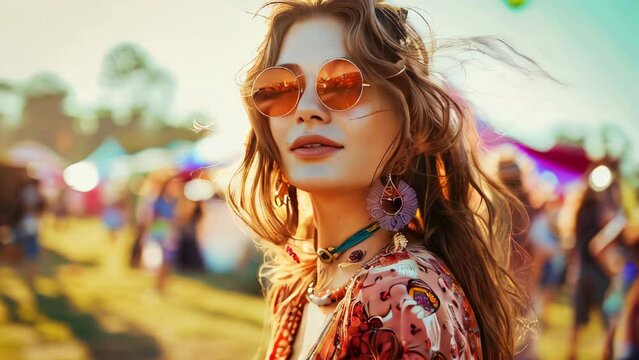 A beautiful girl in colorful hippie bohemian clothes