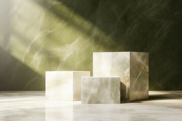 オリーブグリーンの大理石風背景に三つの四角い展示台がある抽象テンプレート