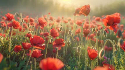 Obraz premium Enchanting Field of Red Poppies Bathed in Warm Sunlight Showcasing Nature's Artistry