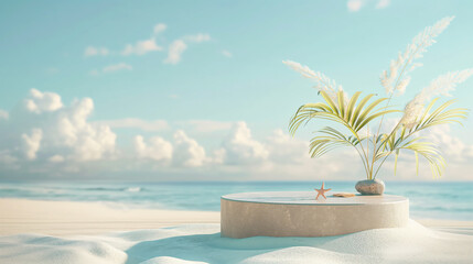 Obraz premium 3D podium with copy space for product display presentation on beach with blue sky and white clouds abstract background. Tropical summer and vacation concept. Graphic rendering illustration design