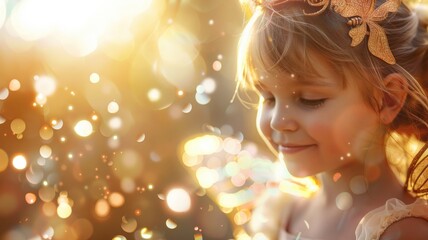 Fototapeta premium Young girl with butterfly clip smiling in sunlight bokeh effect