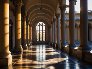 Long hallway bathed in sunlight, its pillars casting shadows.
