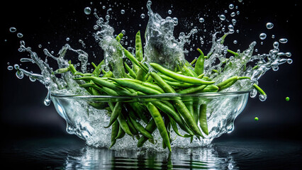 A bunch of green beans being dropped into water, creating a dynamic splash captured in exquisite detail against a dark backdrop