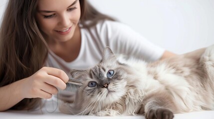 a French young woman is using a combe to detangle the knotted fur under a Ragdoll cats chin The cats fur is severely matted The woman is very sad and helpless