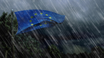 flag of European Union with rain and dark clouds, hail rain forecast symbol - nature 3D rendering