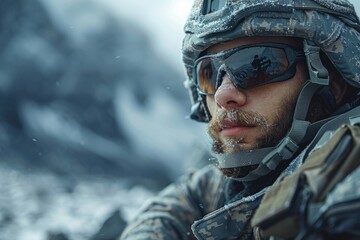 Naklejka premium Soldier in military uniform with helmet and sunglasses