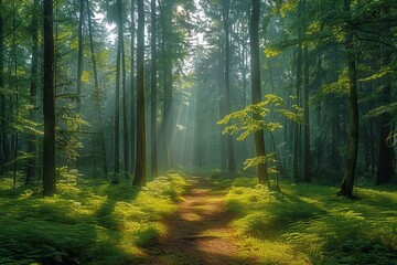 A pathway through green trees with sunlight shining on it