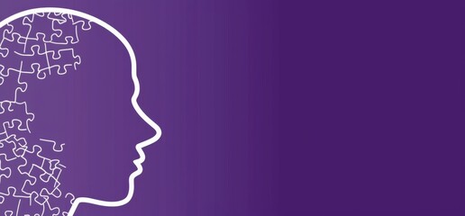 Simple White Outline of Head with Puzzle Pieces Background on Purple Banner for Mental Health Awareness, Featuring Space for Text or Logo in the Top Left Corner.

