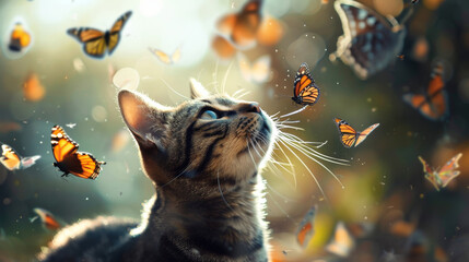cute cat staring intently at a butterfly
