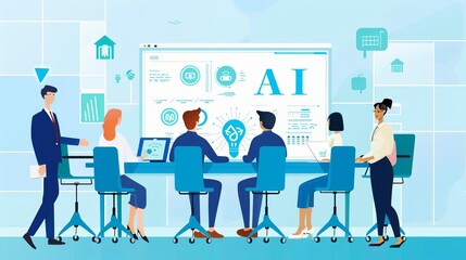 Illustration of a group of office workers around a table with office text on an electronic mainboard with AI label, representing AIs role in team collaboration