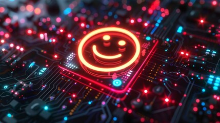 Fototapeta premium Illustration of a happiness icon with life text on an electronic mainboard background with AI symbol, symbolizing AI in enhancing happiness