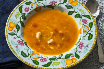 Fish soup. Soup dish with monkfish, pepper and noodles