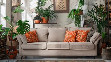 Vertical shot of light cozy boho style living room with modern beige sofa and orange pillows in...