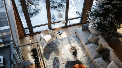 High angle view of modern cozy living room in winter : Generative AI