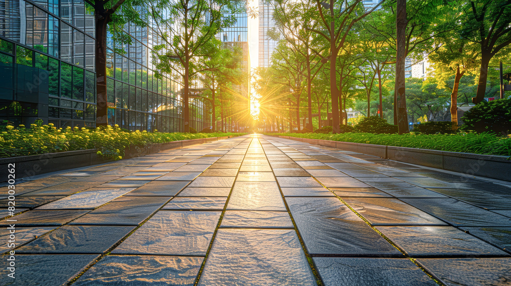 Poster a crisp morning scene on an urban walkway, the paving stones catching the soft golden light of dawn 