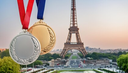medals against the backdrop of Paris with the Eiffel Tower in a blurred background