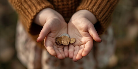 A child is holding a handful of coins in their hands