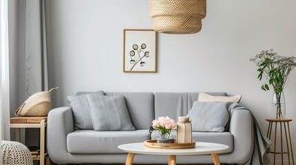 Minimalistic design home interior of living room with gray sofa wooden coffee table photo frame flowers rattan lamp basket and elegant accessories Stylish home decor Template Gray wall : Generative AI