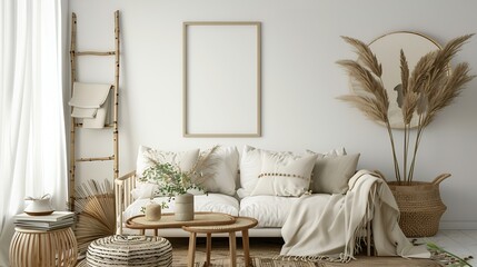 Boho and cozy interior of living room with design beige sofa pillows mock up poster frames rattan coffee tables plants bamboo ladder decoration and personal accessories Home decor Temp : Generative AI