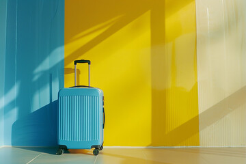 Blue suitcase for traveling on yellow background generated.Ai