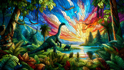 Obraz premium Stained glass prehistoric world