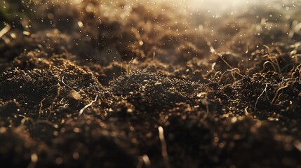 Closeup of soil with tiny insects and roots, sunlight highlighting texture, macro lens, intricate natural details, rich earthy tones