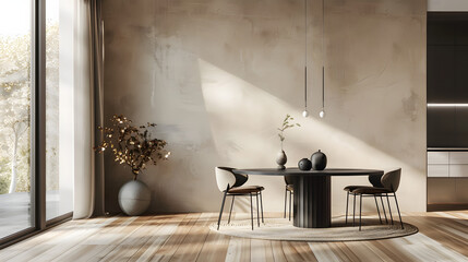 Contemporary dining room featuring sleek furniture and elegant decorative elements against a neutral backdrop