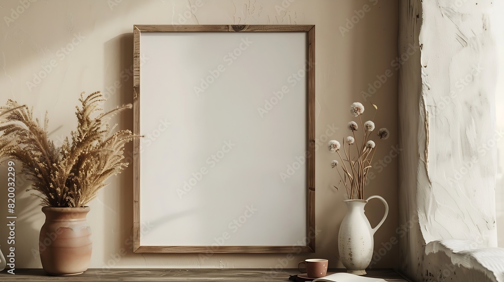 Poster empty wooden picture frame mockup hanging on beige wall background boho shaped vase dry flowers on t