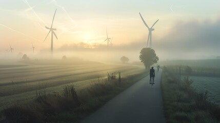 Fototapeta premium Countryside road, wind turbines in background, cyclists, early morning fog, panoramic view, serene and sustainable, muted colors