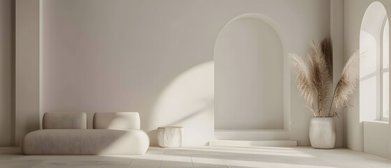 A serene living space featuring soft curved lines, neutral tones, and a touch of nature