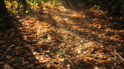 Dappled sunlight on a forest floor, covered in a mix of soil, fallen leaves, and small plants, wideangle shot, natural textures, warm hues