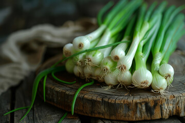 Fresh Green Onions on Rustic Wooden Cutting Board with Dark Background