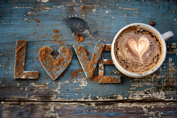 wording love with beans coffee and hot coffee cup wooden background.