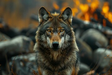 Gray wolf in front of rocks, high quality, high resolution