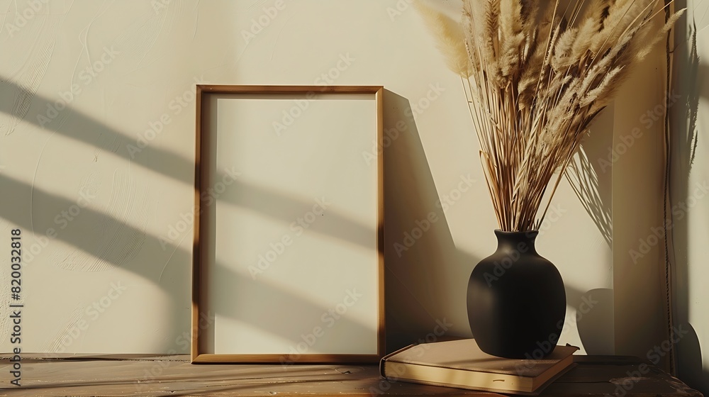 Poster black organic shaped vase with dry flowers grass on old books blank picture frame mockup wooden tabl