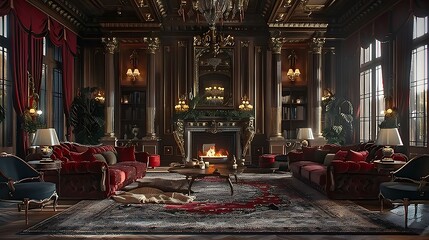 A grand, ornate fireplace as the focal point of the room, flanked by elegant sofas upholstered in rich velvet, evoking a sense of old-world luxury.