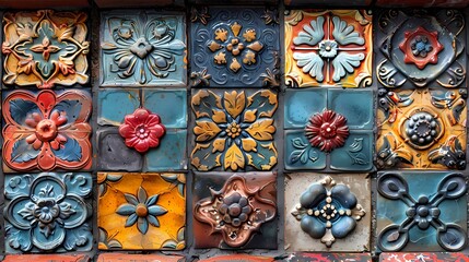 A row of decorative ceramic tiles, each displaying a unique pattern, set against a solid background